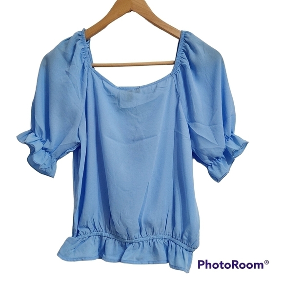 NWT Tamara H. Baby Blue Front Tie Ruffled Top - Picture 2 of 6